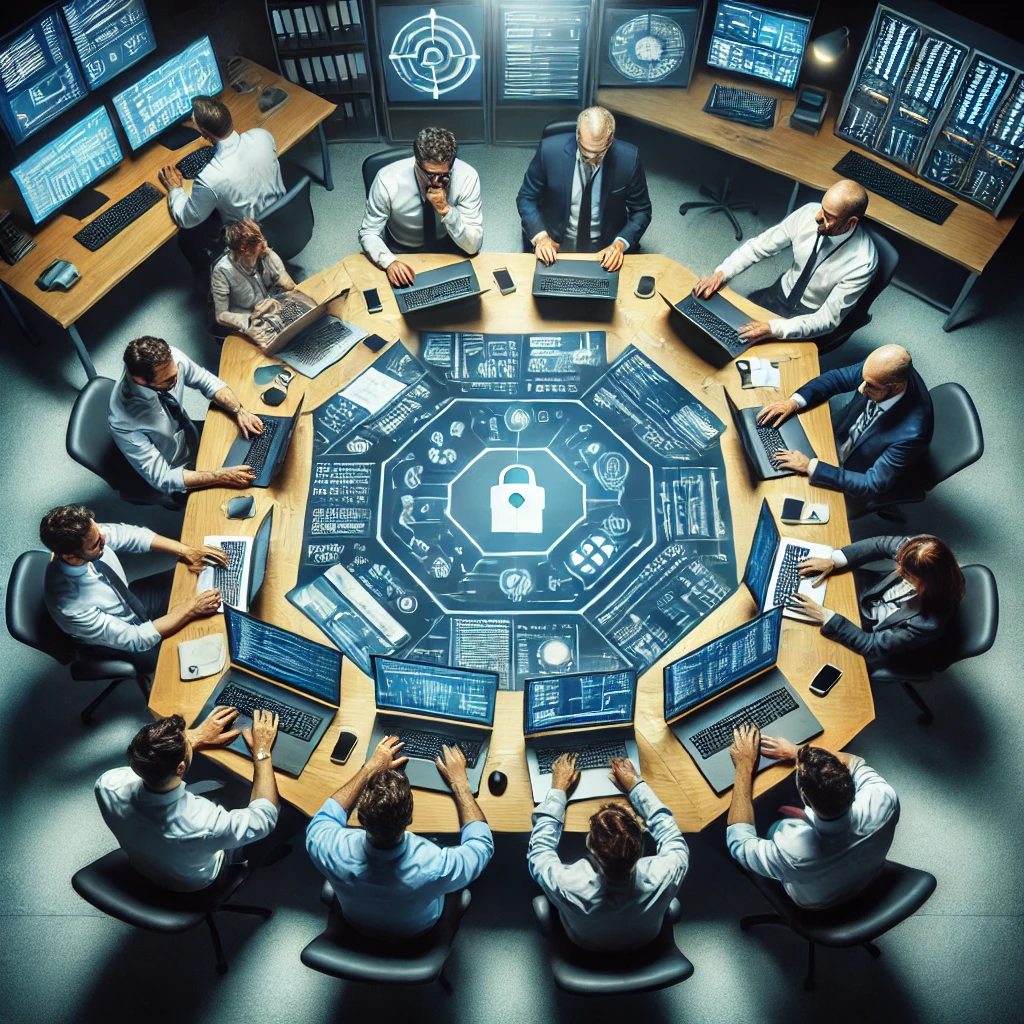 Expertos en seguridad informática de Pentoolss colaborando alrededor de una mesa redonda